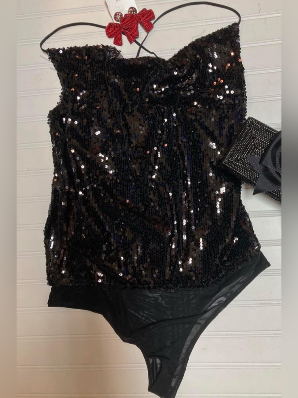 eesome Black Sequin Cami Bodysuit